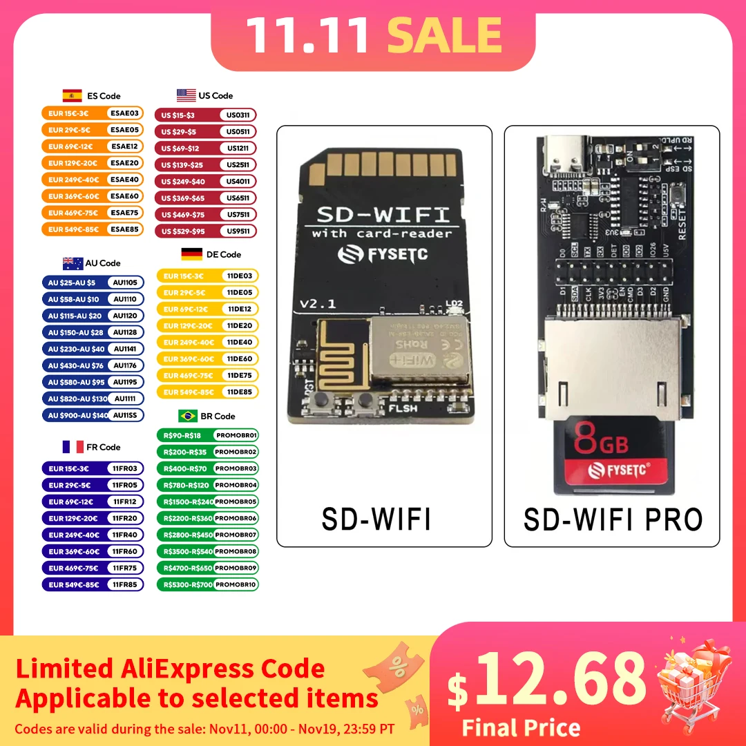 

FYSETC SD-WIFI Pro с модулем считывания карт, работает со встроенным USB ESP webDev для беспроводной передачи последовательного чипа для S6 F6 Turbo