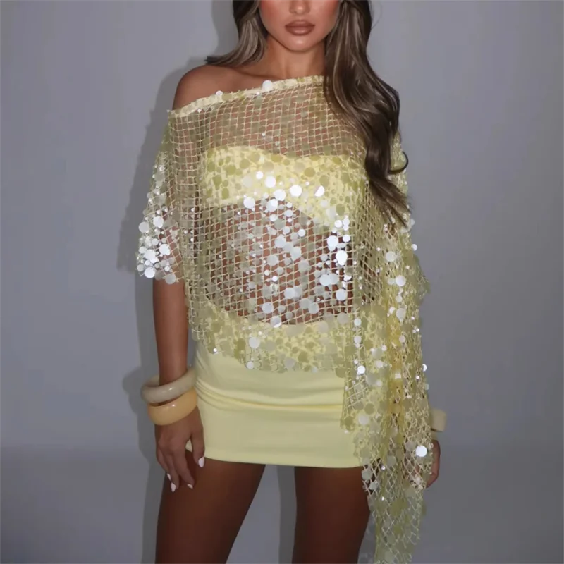 Women's Sexy Off Shoulder See-through Sequin Blouse Top Swimwear Crochet Bikini Cover Up Beach Summer Swimsuit Sunscreen Wrap