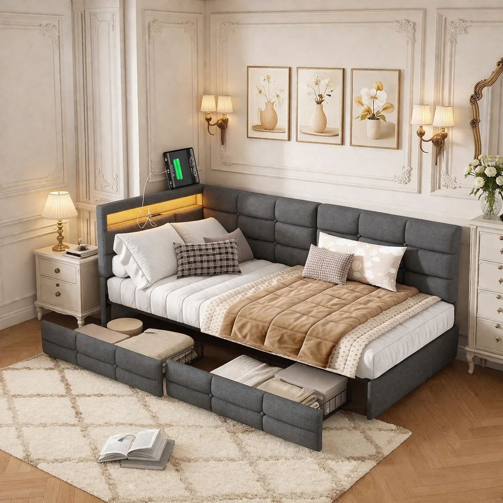 Gestoffeerd bed 90x200 cm met opberglades, slaapbank met LED en USB-oplader, linnen platformbedframe met lattenbodem, multifunctioneel opbergbed, ruimtebesparend logeerbed, kinderbed, tienerbed,