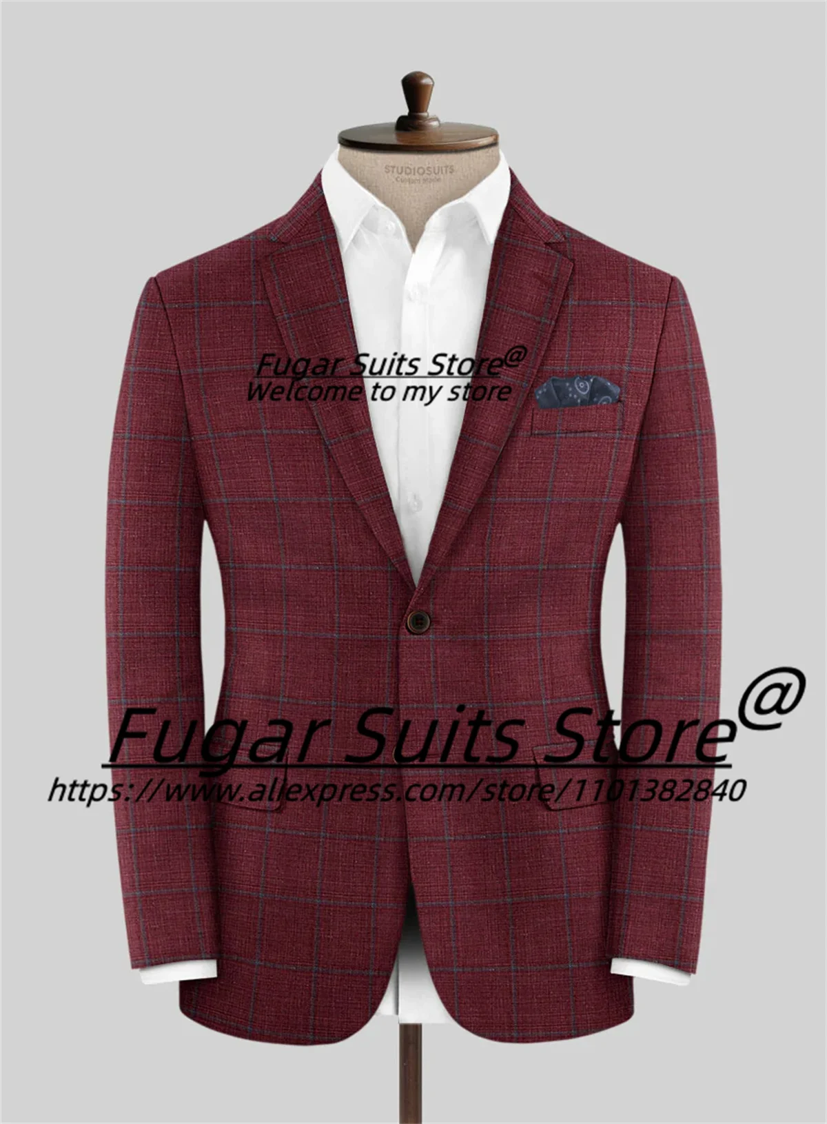 Wine Red Handsome Plaid Men Suits Slim Fit Notched Lapel Groom Prom Tuxedos 2 Pieces Sets Business Male Blazers Costume Homme