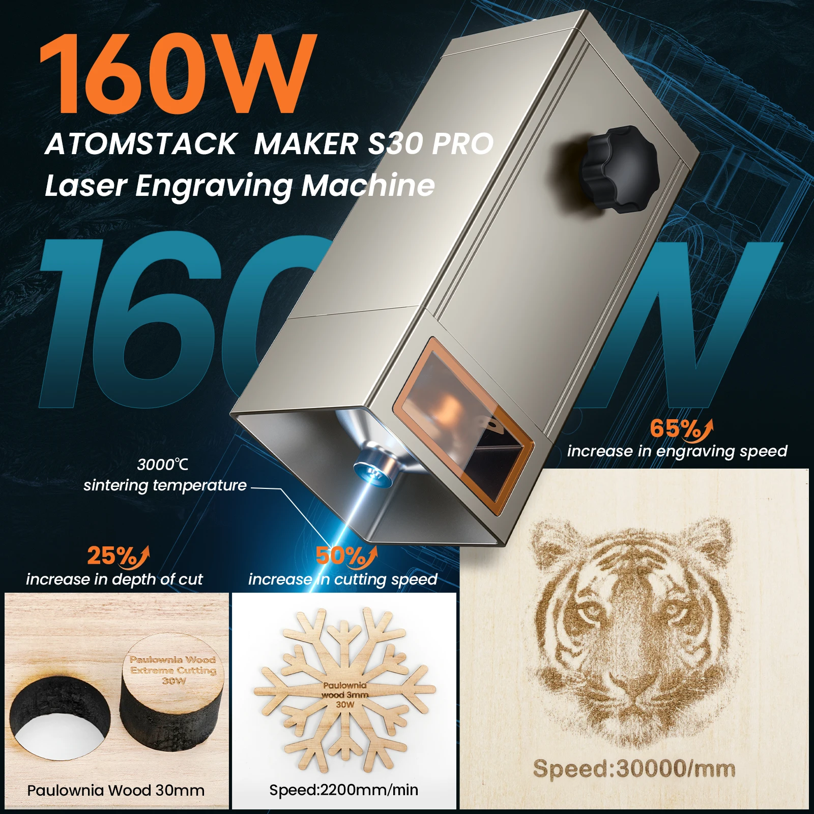 ATOMSTACK A30 S30 X30 Pro 160W Laser Engraver Cutting Machine APP Control Support Offline 33W Output Engraving Dual Air Assist