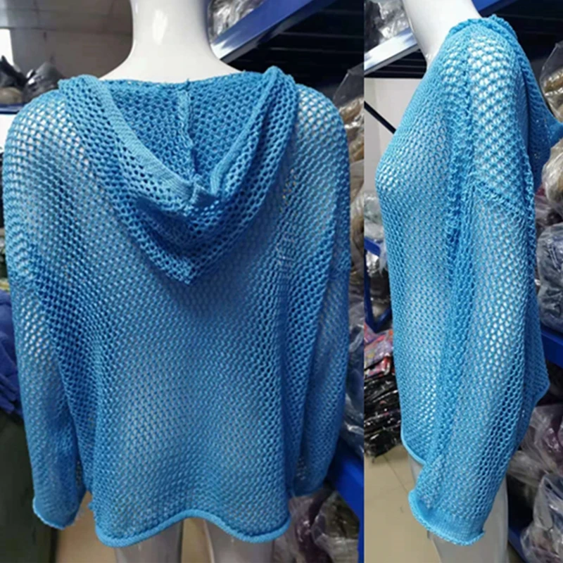 セクシーな長袖中空ニット水着トップパーカープルオーバー水着カジュアルセーターかぎ針編みビーチビキニカバーアップ日焼け止め