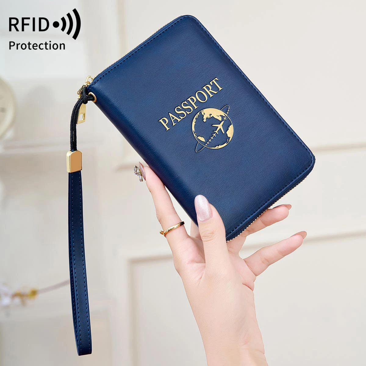 RFID Blocking Passport Holder, Travel Wallet, Passport, Credit Card Bag, Multifunctional Zipper Wallet with Wrist Strap, Fashion