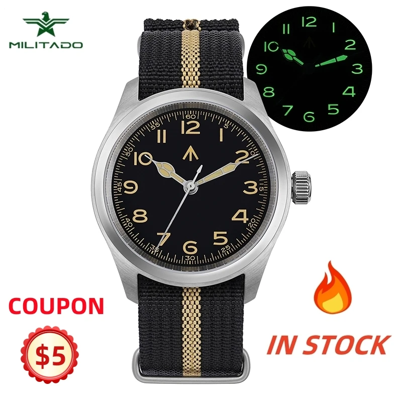 Militado ML08 Vintage Military Quartz Watch VH31 Movement Watches Domed Sapphire Crystal Super Luminous 100m Waterproof Watches