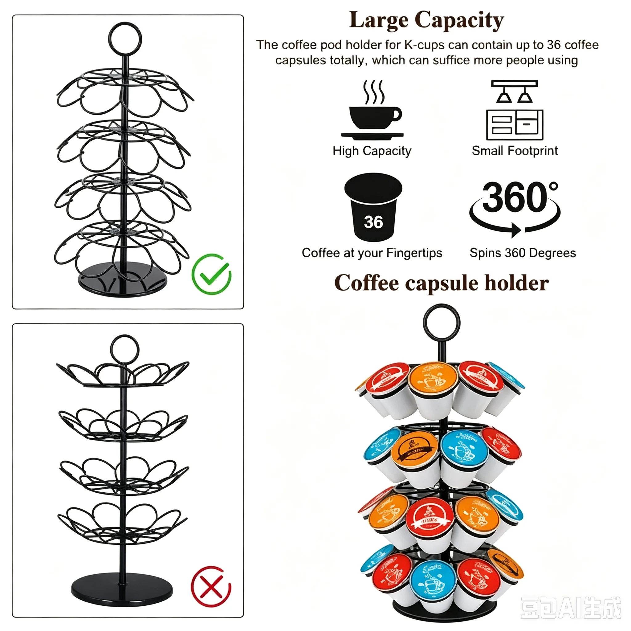 36 Pods Coffee Pod Carousel Holder Black Metal 360 Degree Rotating K‑cup Capsule Storage Organizer 4‑Tier Rack for Kitchen Countertop Office Coffee Bar