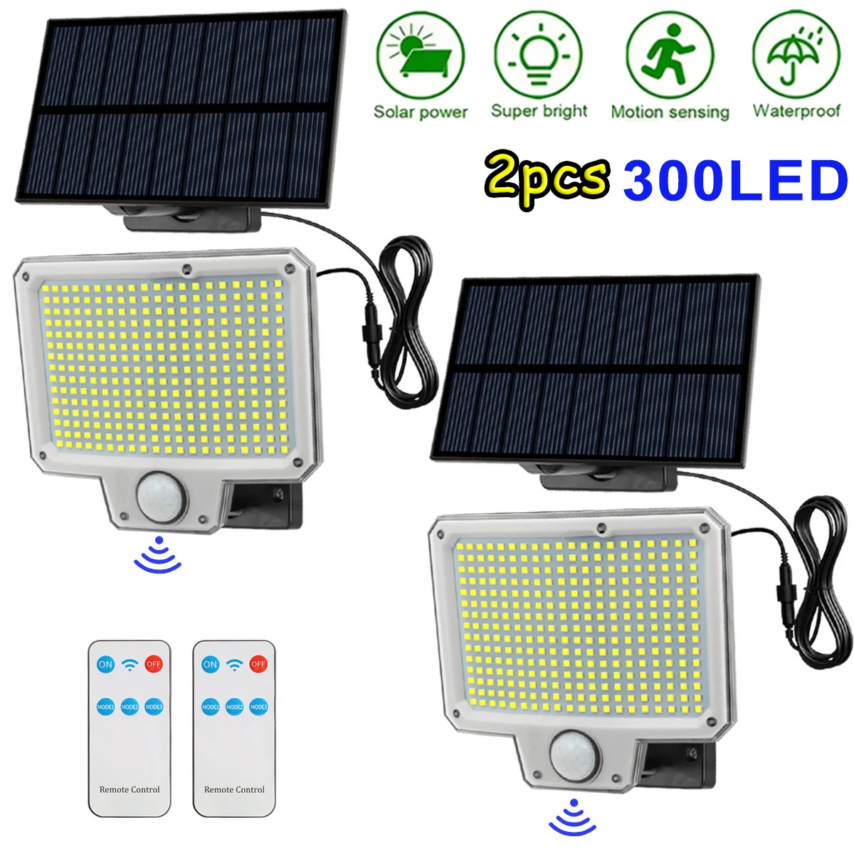 1/2pcs 300 LED Solar Powered Outdoor Flood Lights with Motion Sensor Remote Control 5M Cable Waterproof Floodlight for Garden