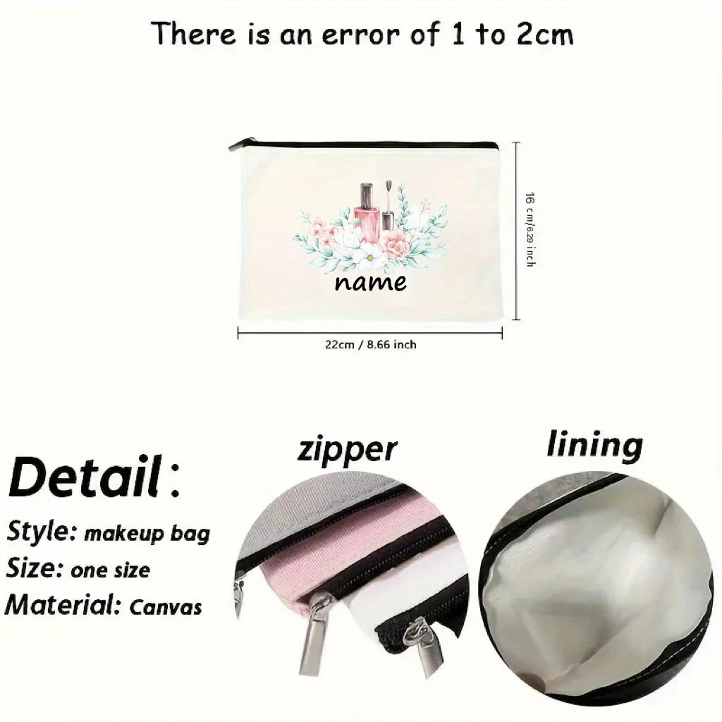 Custom Name Floral Nail Polish Beige Makeup Bag Large Foldable Polyester Zipper Storage Gift For Best Friend Nail Tech