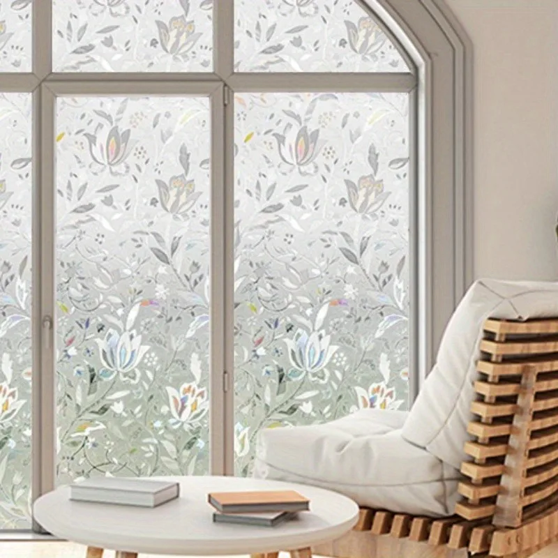 Bathroom Door Window Partition Privacy Film Tulip Pattern Roll Frosted Static Cling Removable Reusable Heat Block