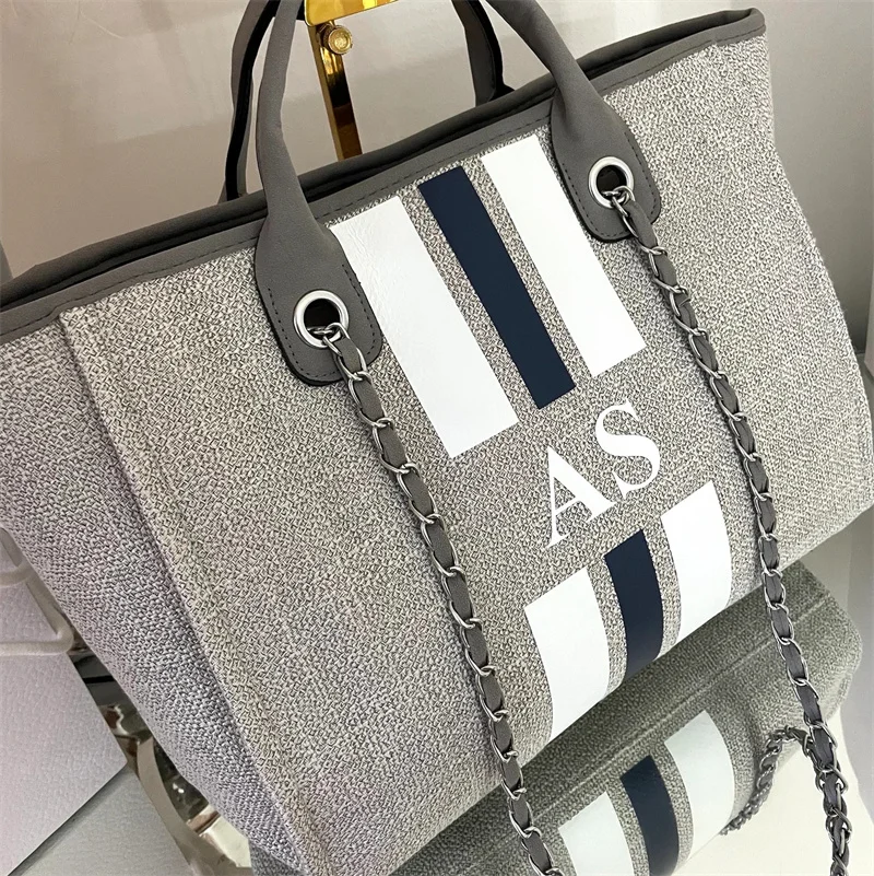 Monogram Tote Bag Canvas Customised Grey Chain Handbag Personalised Navy White Stripe Initials Beach Holiday Shoulder Tote Bag