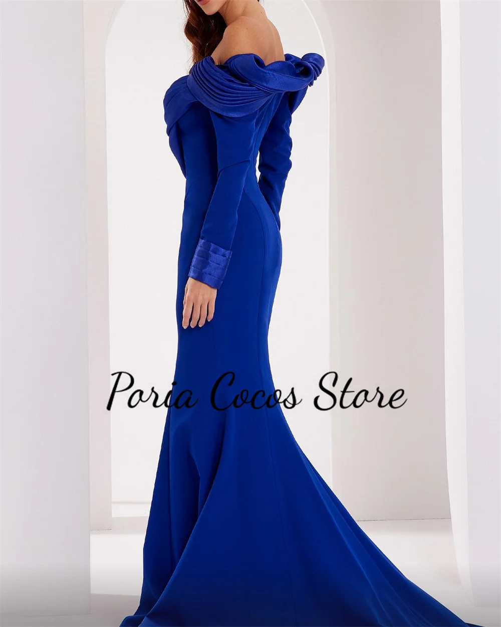 Customized Elegant Evening Gown For Women Off The Shoulder Full Sleeves Solid Color Court Train Long Prom Party Dresses فساتين م