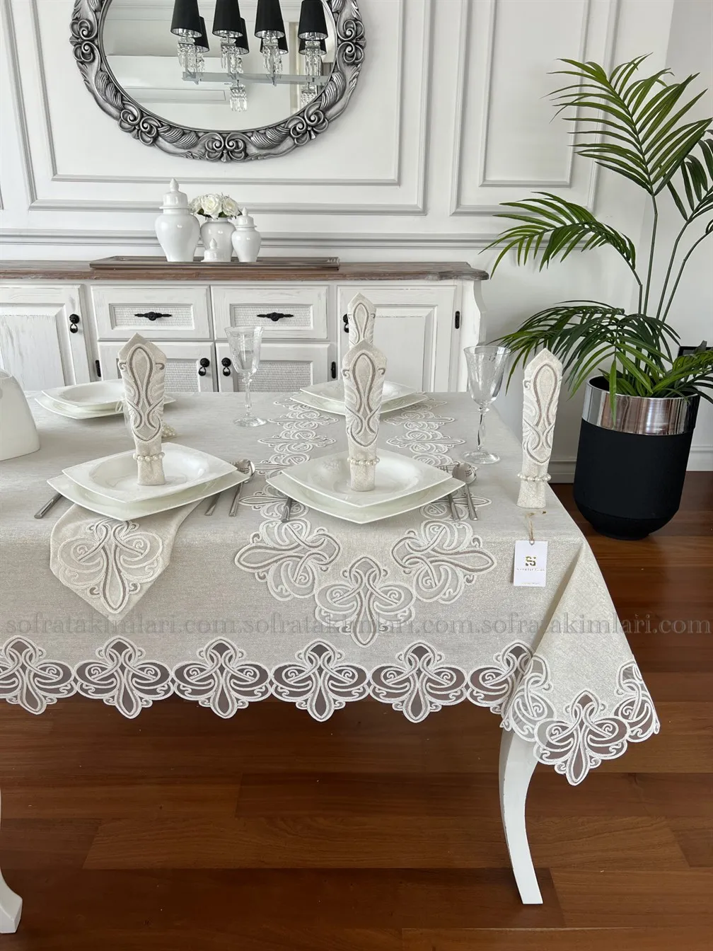 12 Person 26 Piece Viento Lux Model Table Cloth Set Stone Color Glittery Linen Lace Embroidered Runner Napkin Service Set Fast