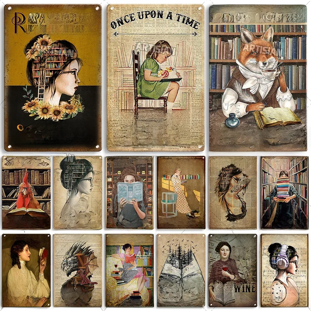 Artisian Girl Loves Books Metal Sign Reading Tin Poster Read Book Decorative Plate Wall Decor Garage Bar Pub Club Hotel Kitchen — zdjęcie 2