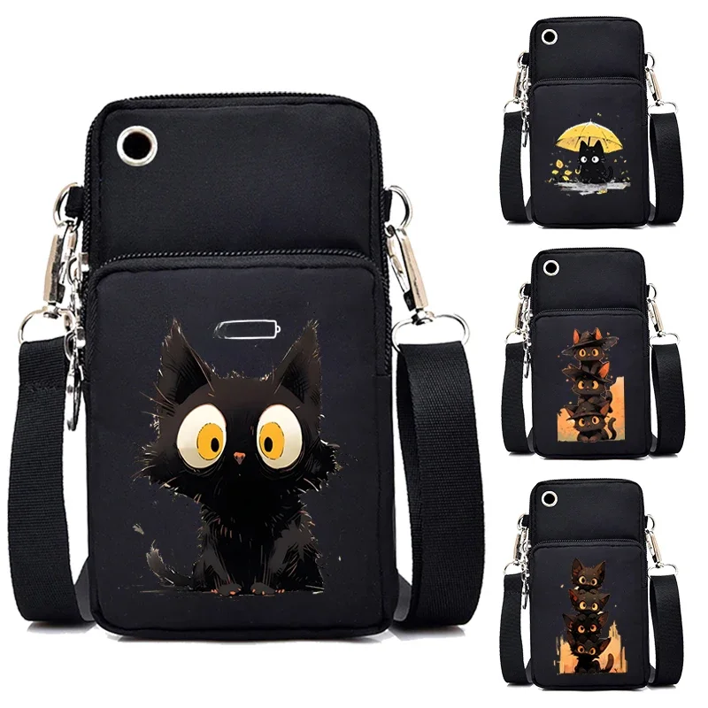 Czarny kot Mini torba na telefon komórkowy Damska torba kurierska Anime Animal Kitten Wisząca moneta na szyję Pionowa torebka Mała torba na ramię — zdjęcie 2