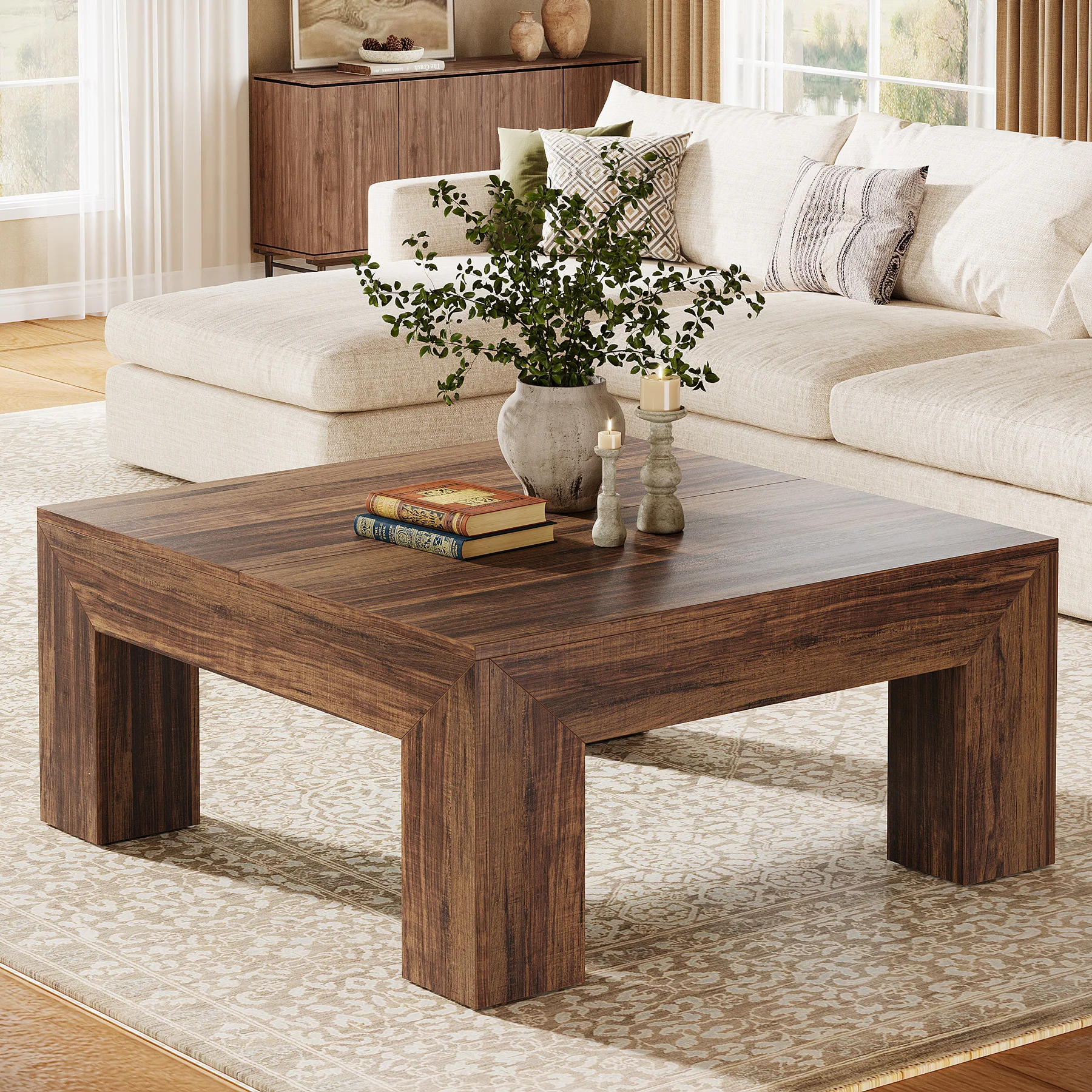 Tavolino da caffè Tribesigns, tavolino quadrato per soggiorno, tavolino da caffè con robuste gambe in legno, ideale per divano o camera da letto, dimensioni 100x100x50 cm, colore marrone scuro.