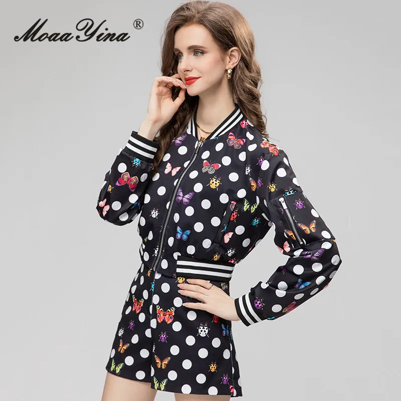 MoaaYina Summer Fashion Designer Vintage Dot Print Shorts Set Women\'s Stand Collar Elastic Jacket+Straight Shorts 2 Pieces Set