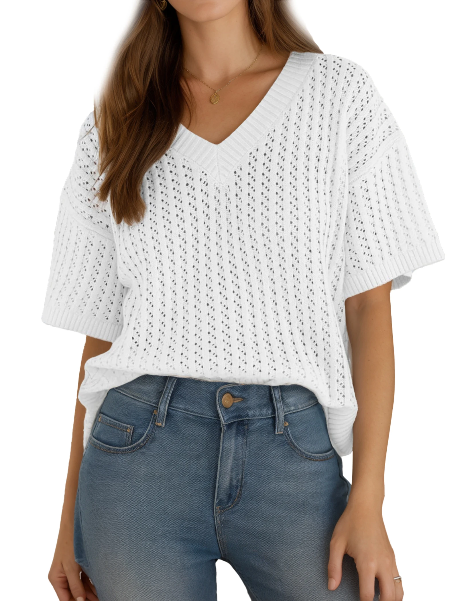 Fashion Tops Unique Design V-Neck Knitted Commuter Short-Sleeved T-Shirt Casual All-Match tops, Women's Clothing