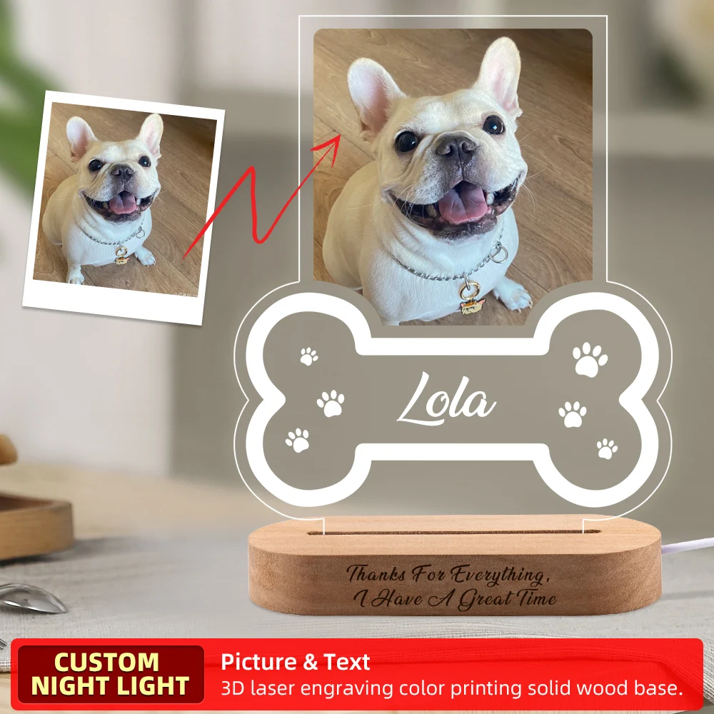 Foto personalizada para cachorro, luz noturna, presente memoral para animais de estimação, placa memorial para animais de estimação, presente personalizado para perda de animais de estimação