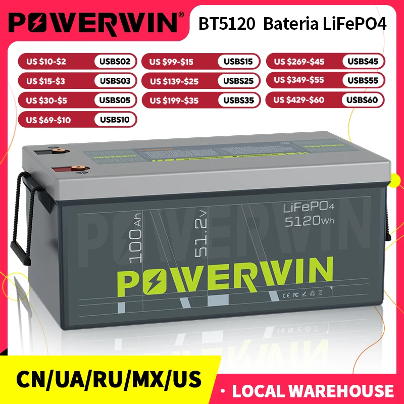 

POWERWIN BT5120 LiFePO4 Built-in BMS Deep Cycles Solar Rechargeable Durable 51.2V 100Ah 5120Wh Solar Generator