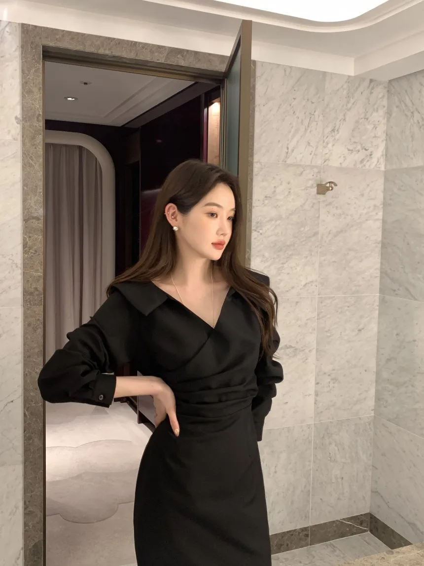 3 kleuren dames herfst Franse kraagvorm overhemdjurk elegante vetersluiting taille knop casual chique midi-jurken vrouwelijk (CS1236)