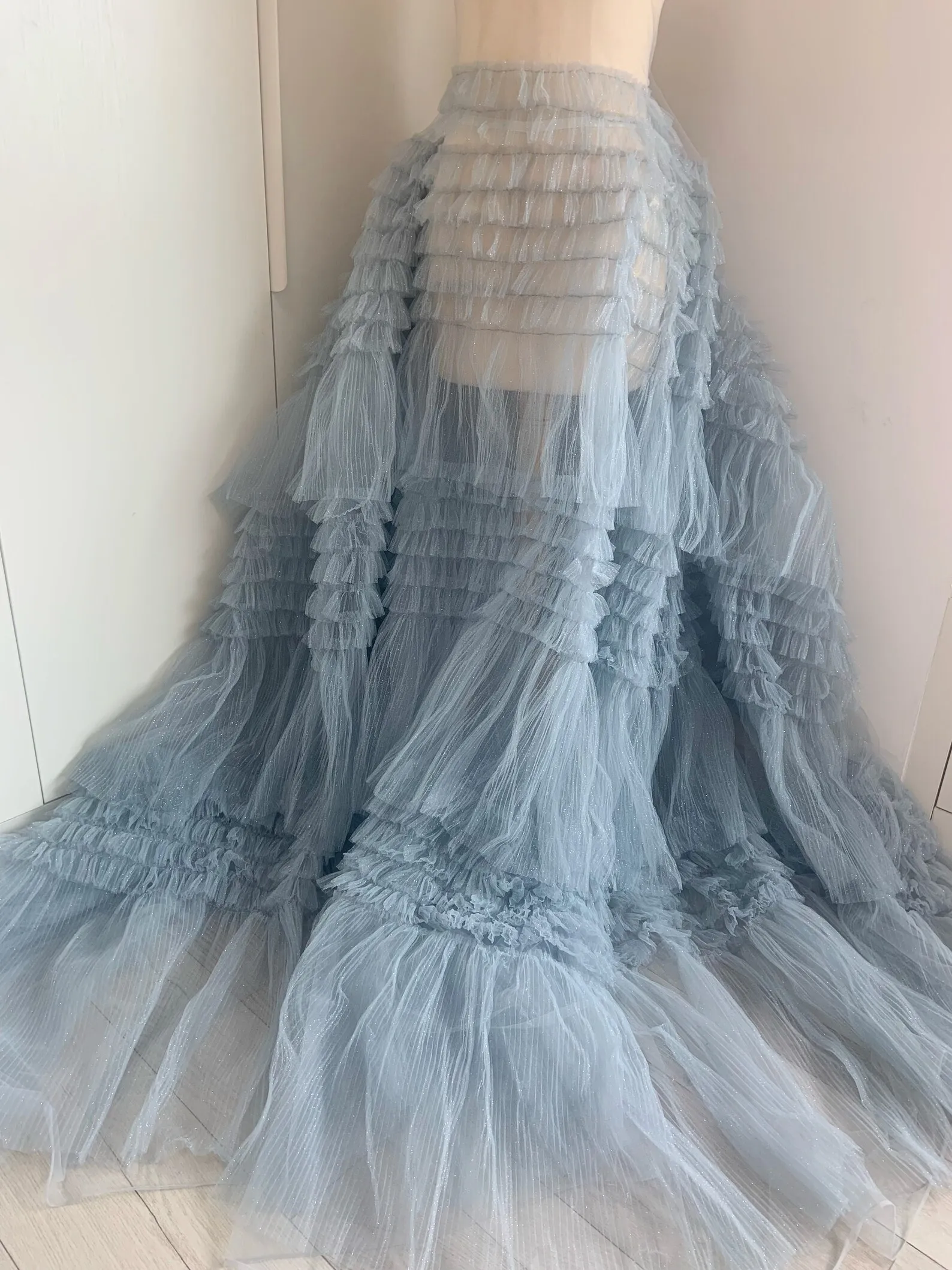 1 Yard Pale Blue Glitter Ruffle Tulle Fabric For Cake Dress Bridal Dress Photography Prop Backdrop, Wedding tablecloth