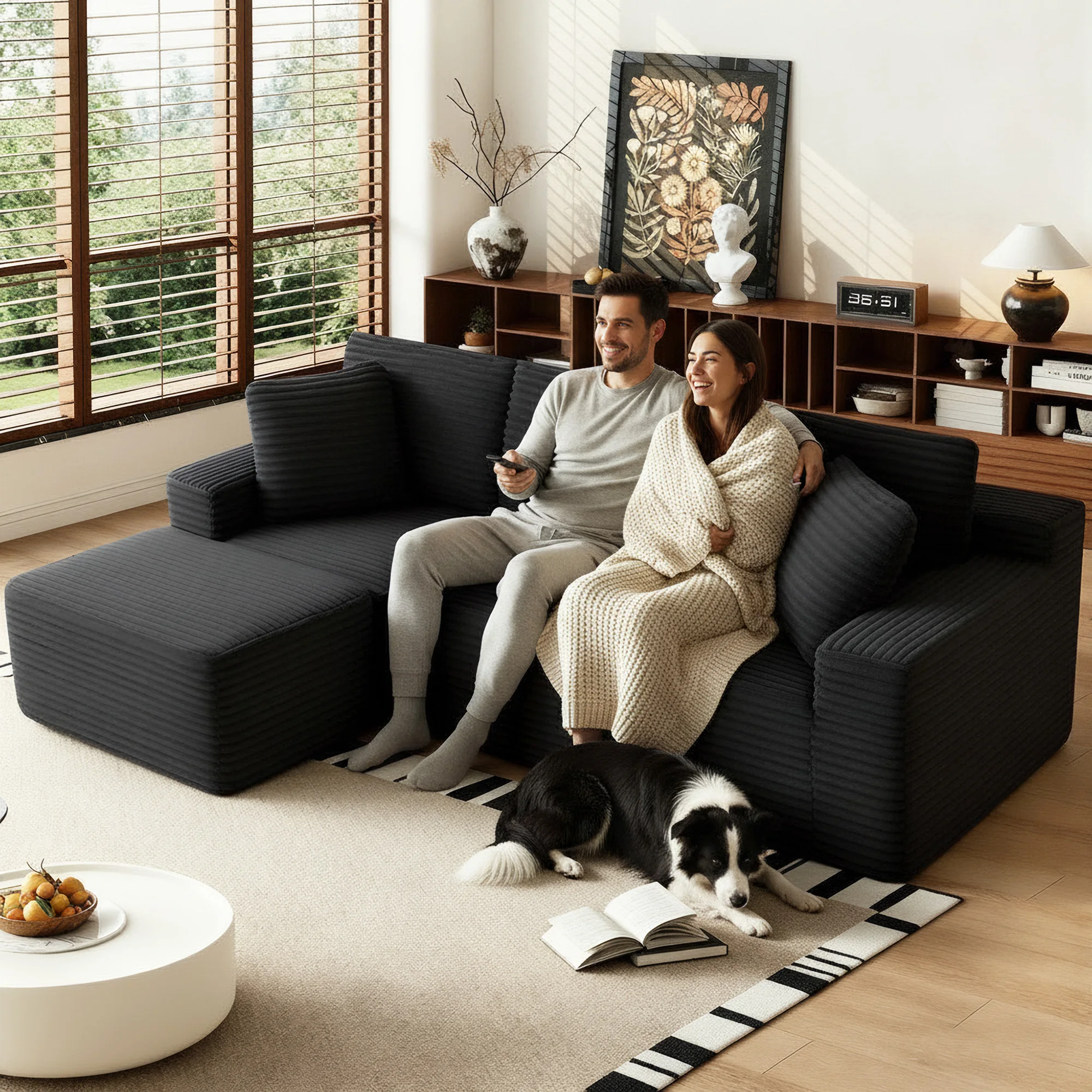 Black Premium Corduroy Modular L‑Shape Sectional Sofa, Chaise Lounge Couch with Widened Armrest, Vacuum Packed No Assembly for Indoor Daily Relax