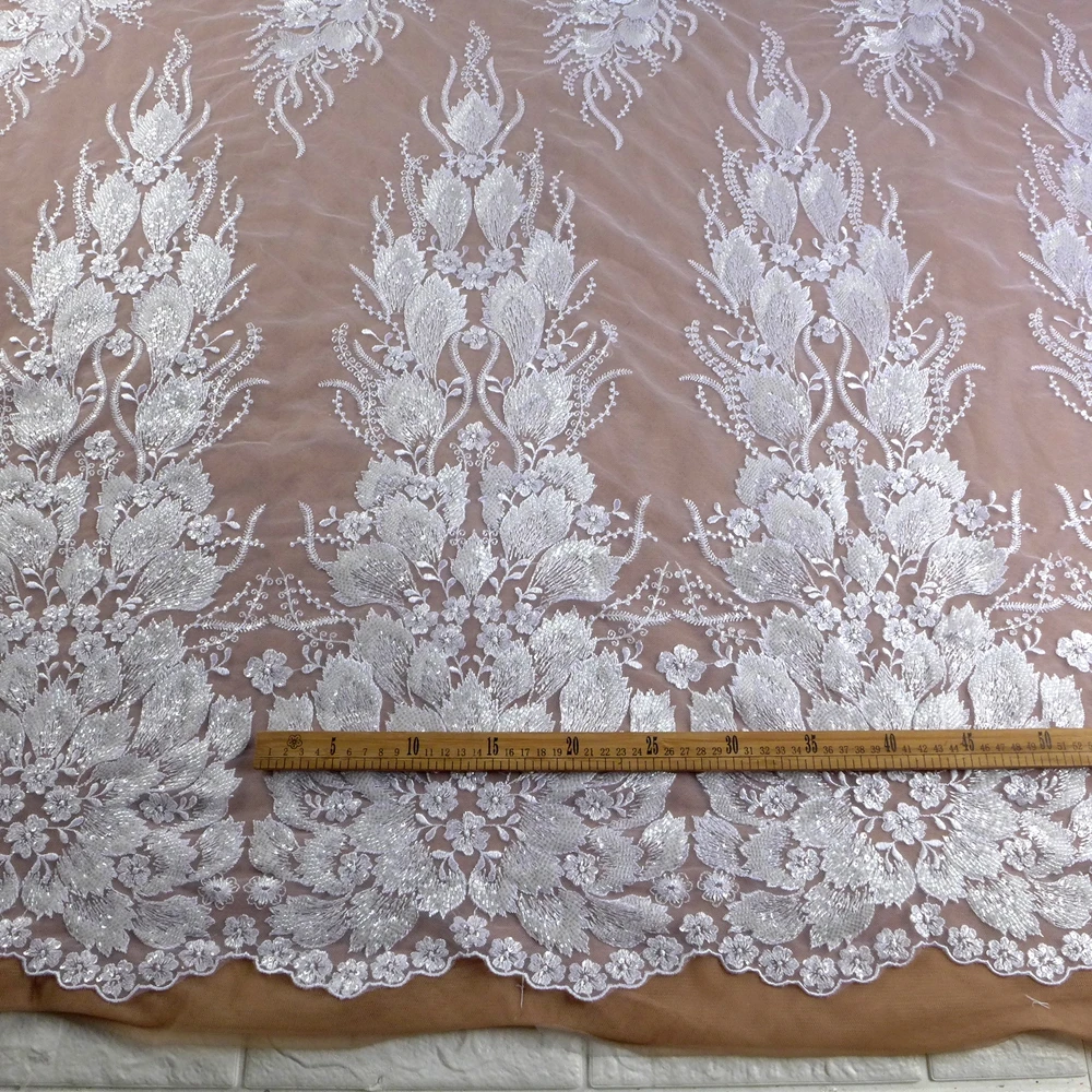 HelluyerDC Pure-White heavy beading lace fabric,super large patterns lace for fashion,wedding,evening,dance gown by the yard