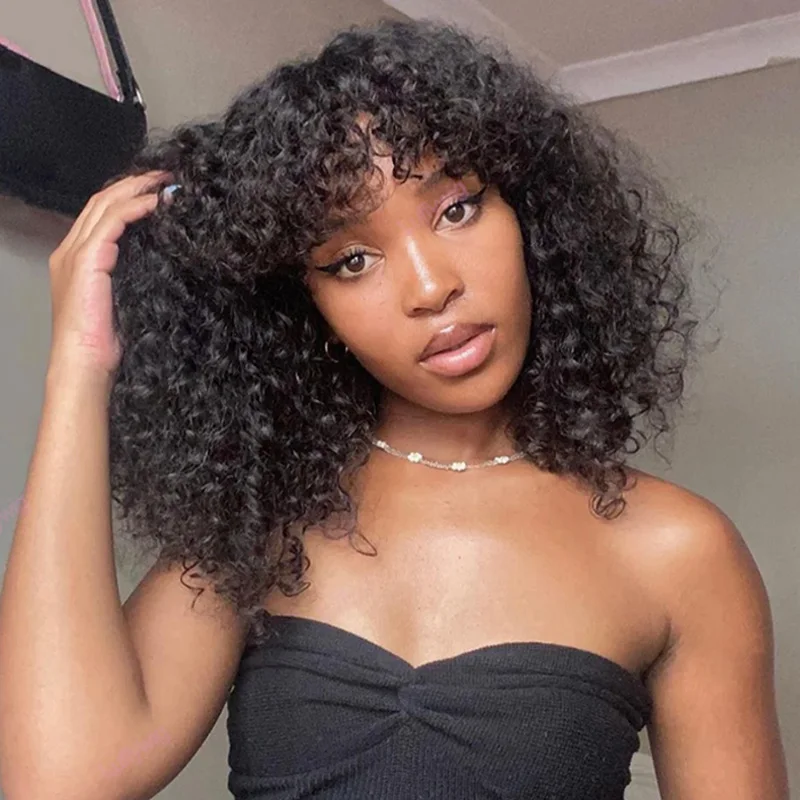 Black Short Curly Wig with Bangs Human Hair Wigs for Women Jerry Curl Bob Wig 150% Density Non Lace Front Glueless Wig Remy Hair