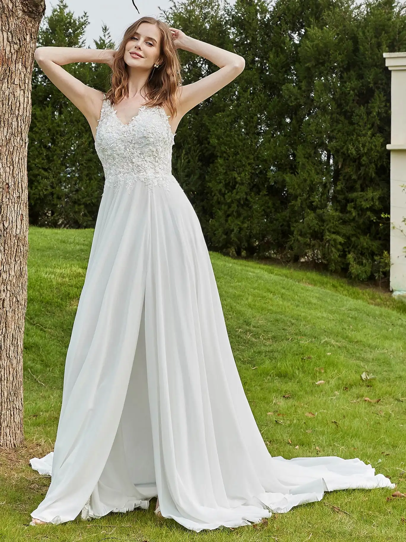 Vestido de noiva chiffon com laço para mulher, Vestido elegante com varredura de fenda, Vestido sem encosto, 2024