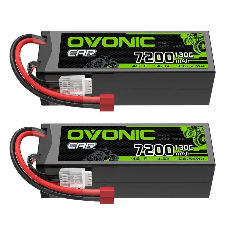 2 Pack OVONIC 4S 14.8V 7200mAh 130C High Discharge LiPo Battery T Plug for 1/10 1/8 Scale RC Car Truck Racing