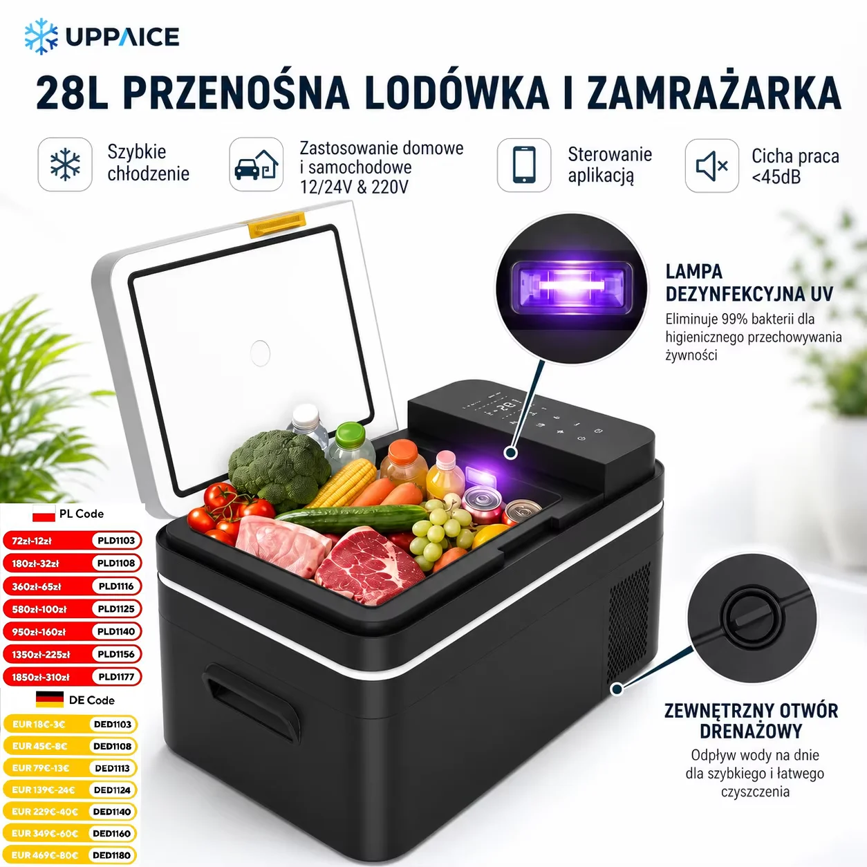 UPPAICE 28L Portable Camping Fridge Freezer 12V 24V with APP Control Fast Cooling Large LED Display UV Sterilization for RV Travel