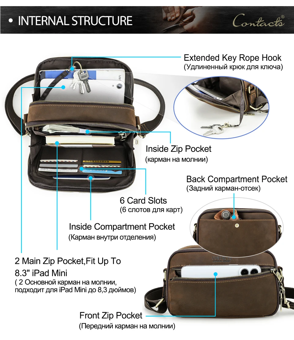 CONTACT'S Echtleder Kleine Umhängetasche für Herren, Vintage Crossbody-Schultertasche, Reisehandtasche mit Luxus-Ausführung für Männer – Detail 6