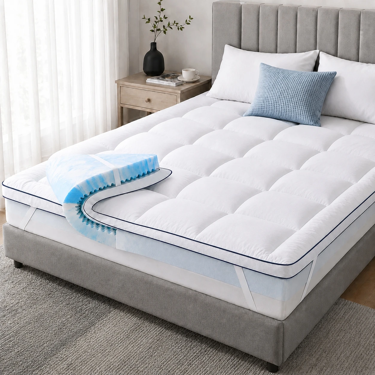 Niceplus New Queen Size Dual Layer Comfortable 4 Inch Memory Foam Mattress Topper, 2 Inch Fluffy Soft Pillow Top Mattress Pad Cover