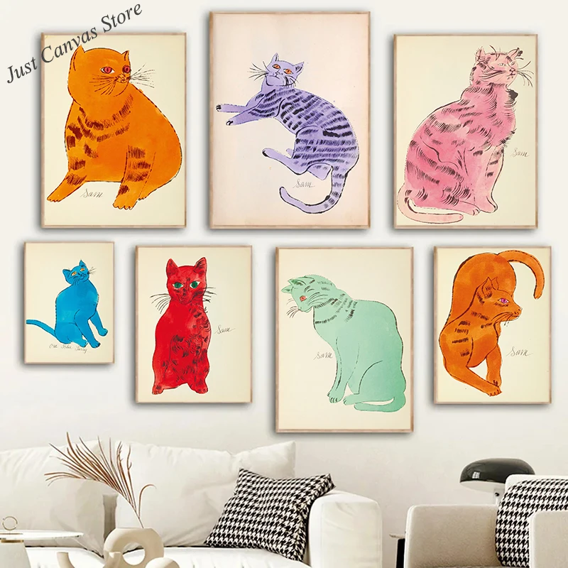 Abstract Andy Warhol Cute Cats Painting Canvas Print Poster Wall Pop Art Picture For Modern Living Room Home Decoration Cuadros