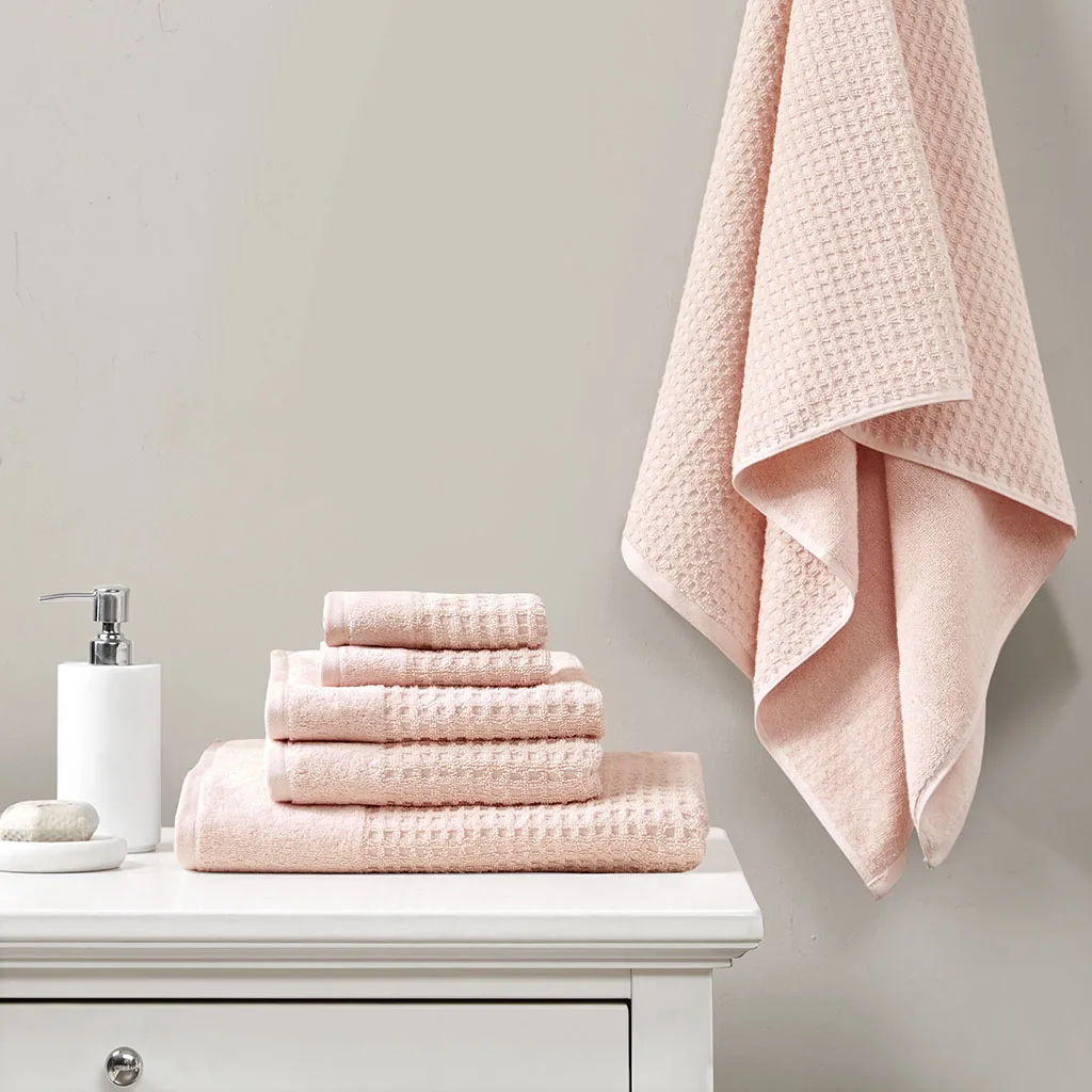 

Cotton Waffle Jacquard Antimicrobial Bath Towel 6 Piece Set (Pink + Cotton)"