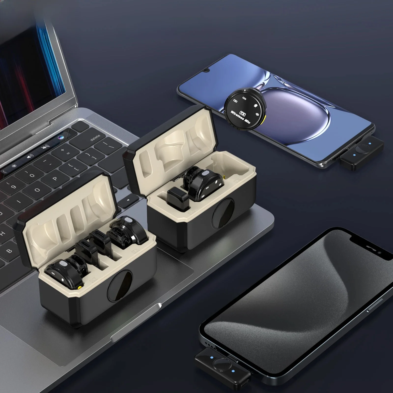 Bezprzewodowy zestaw mikrofonów Lavalier dla iPhone'a z systemem Android Podwójny dookólny pojemnościowy mikrofon klapowy z redukcją szumów do nagrywania wideo — zdjęcie 2