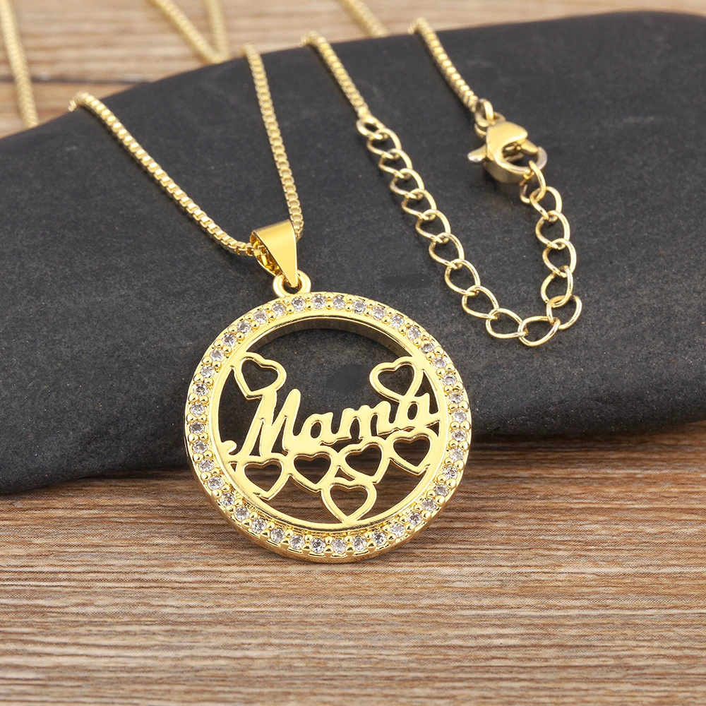 Nidin High Quality Round Shape Mama Children Shine Zircon Pendant Necklace For Women Clavicle Chain Jewelry Mother\'s Day Gifts