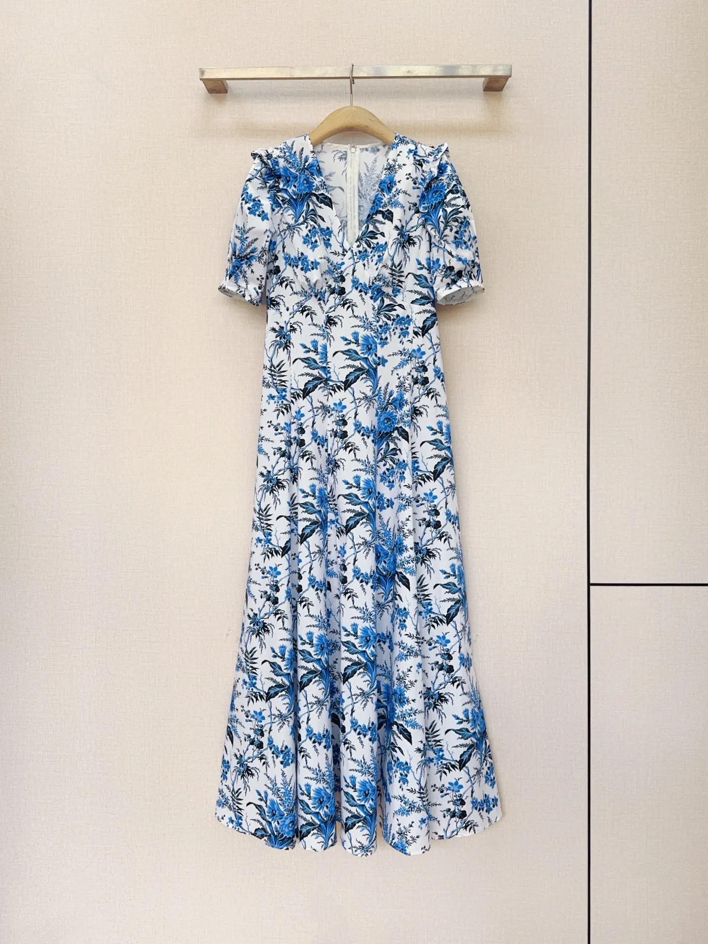 Women Fashion New Summer Casual Print Flower Cotton V-neck Stretch Frilly Collar Holiday Evening Gown Pleated Ruffles Long Dress