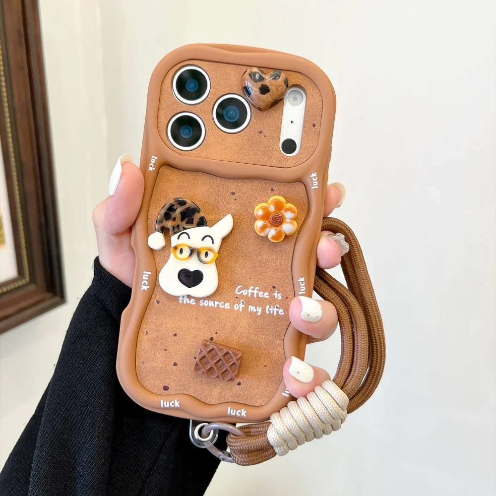 Kawaii 3D Cartoon Brown Glasses Puppy Phone Case for iPhone 18 17 Max 15 16 17 18 Pro Cute Anti-Fall Protective Cover with Charm