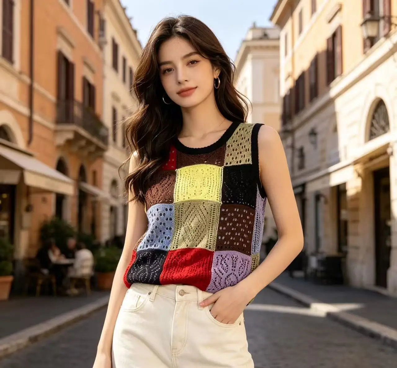

Spring Fashion Contrast Color Knitted Vest Cute And Cool Patchwork Style Ladies Knitted Vest Stylish Knit Top for Women