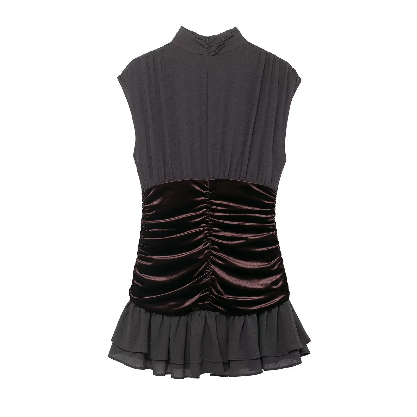 Moda feminina veludo emenda em camadas decoração vestido curto feminino sexy zíper fino plissado a linha sem mangas mini vestido