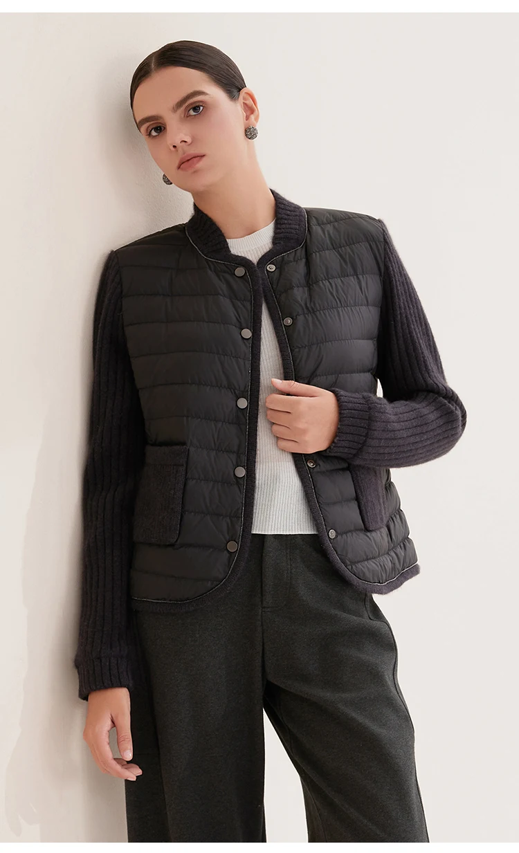 BY3521202 Damen Gesteppter Gänsedaunenmantel mit Kaschmirärmeln, Stricktaschen und Knopfleiste Vorne, Warme Leichte Winterjacke – Detail 8