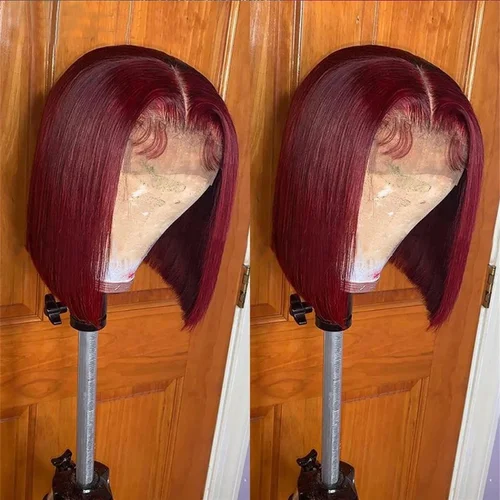 Imagen 2 del producto Pelucas Bob rectas Borgoña 99J, cabello humano brasileño, peluca de cabello humano Frontal de encaje rojo vino, peluca Bob corto, encaje Frontal 13x4 para mujeres