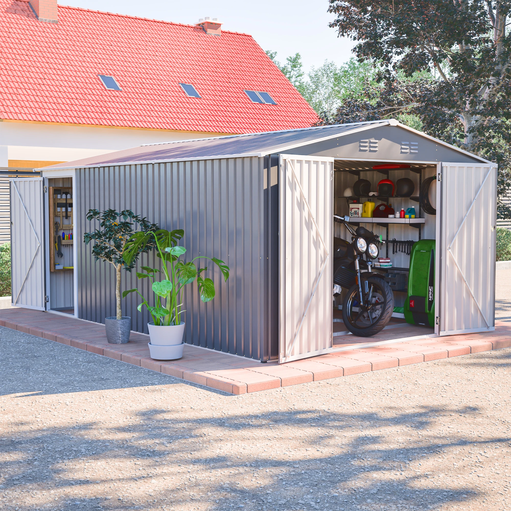 

Металлический сарай для хранения на открытом воздухе, 10x14 футов, 3 запираемые двери, боковая дверь, водонепроницаемый, 4 вентиляционных отверстия, для заднего двора/патио