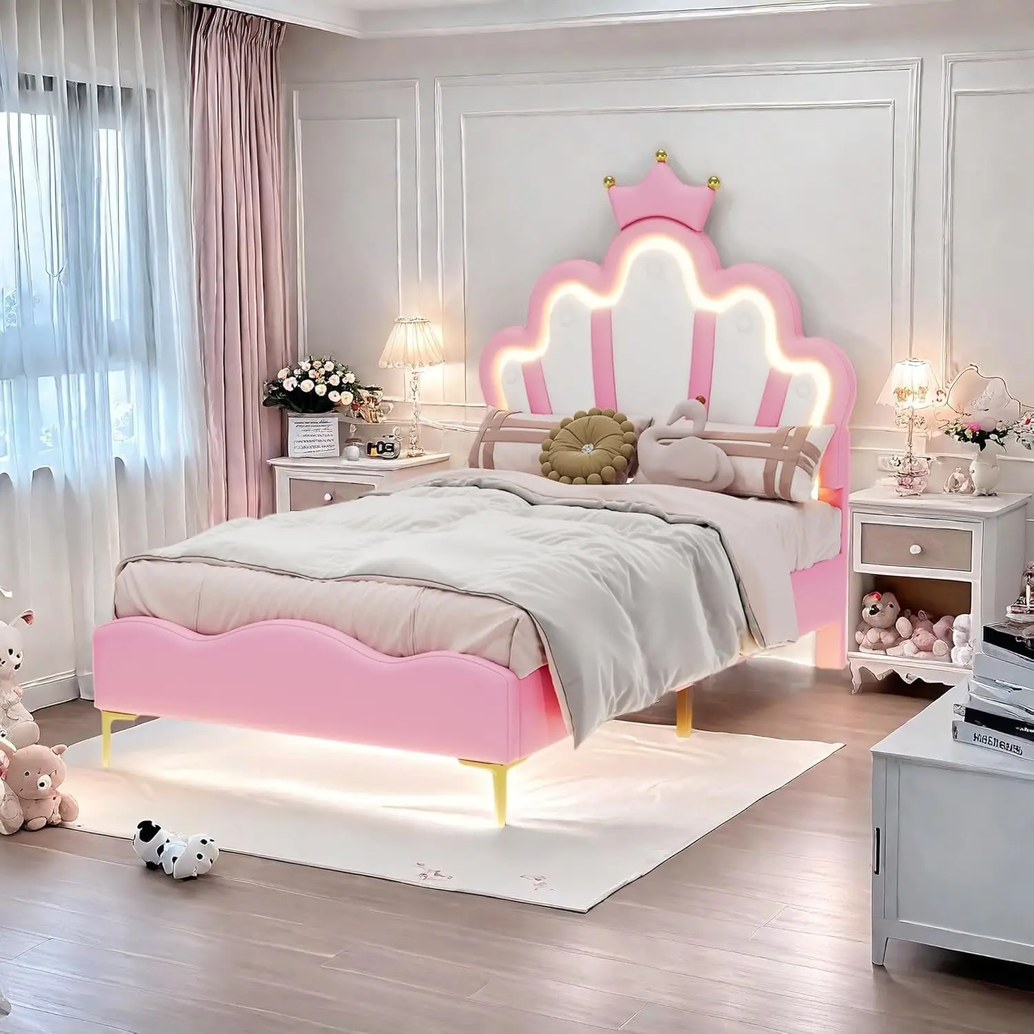 Cama Infantil Superaly de 90x200cm, Cama de Princesa, Cuna Acolchada con Luz LED Ajustable, con Cabecero de Flores y Base de Listones