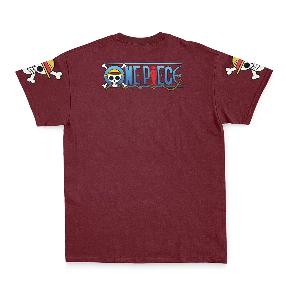 Herren-T-Shirt „One Piece Monkey D. Luffy Straw Hat Pirates“ mit japanischem Text und Ärmeldruck, Rundhalsausschnitt, Burgunderrot, Vintage Otaku Stre – Detail 7