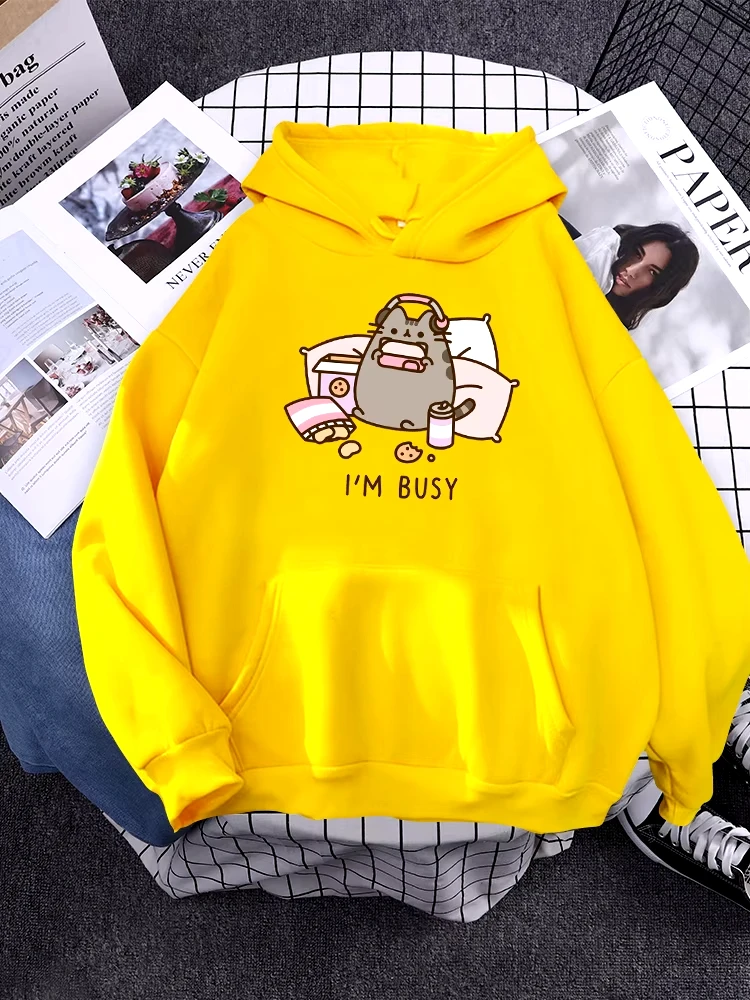 Sorry I\'M Busy Cat Playing Games With Headphones Women Hoody Simple Pocket Pullovers Outdoor Soft Sweat Street Casual Female Top