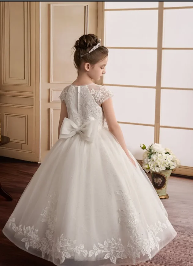 Customization Weddings Ivory Lace Elegant Princess Kids Flower Girl Dresses For Little Bride Evening Party First Communion Gown