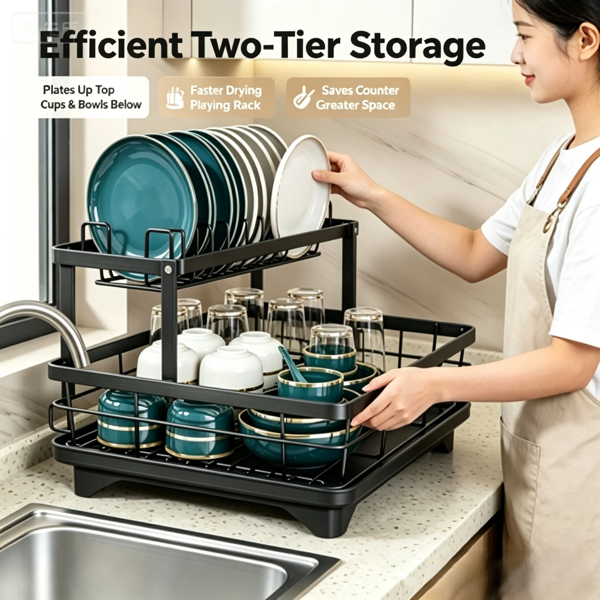 Double Layer Dish Drainer Rack, Multi-purpose Tableware Storage Holder with Drain Tray, Kitchen Dish Storage Rack for Home Use