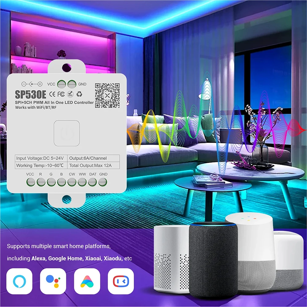 SP530E WiFi Alexa بلوتوث LED تحكم SP630E دعم PWM أحادية اللون CCT RGB RGBW RGBCCT أو SPI TTL IC رقاقة LED قطاع/ماتريكس