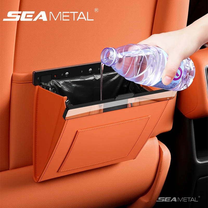 SEAMETAL Auto-Rücksitz-Mülleimer mit Magnetdeckel, wasserdichter PU-Leder-Abfalleimer, isoliert Gerüche, universell für Limousinen, SUVs, LKWs
